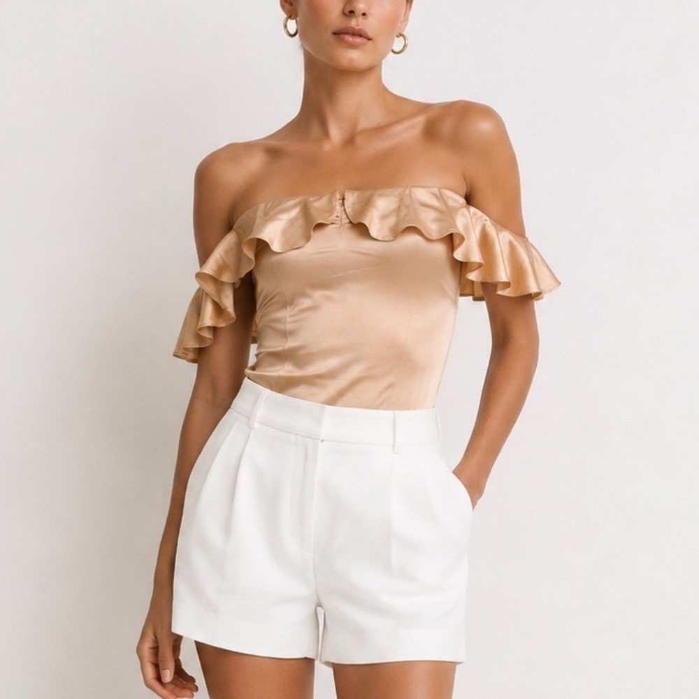 For Love & Lemons Virgo Bodysuit Champagne Silk Blend Ruffle Off Shoulder‎ Small
